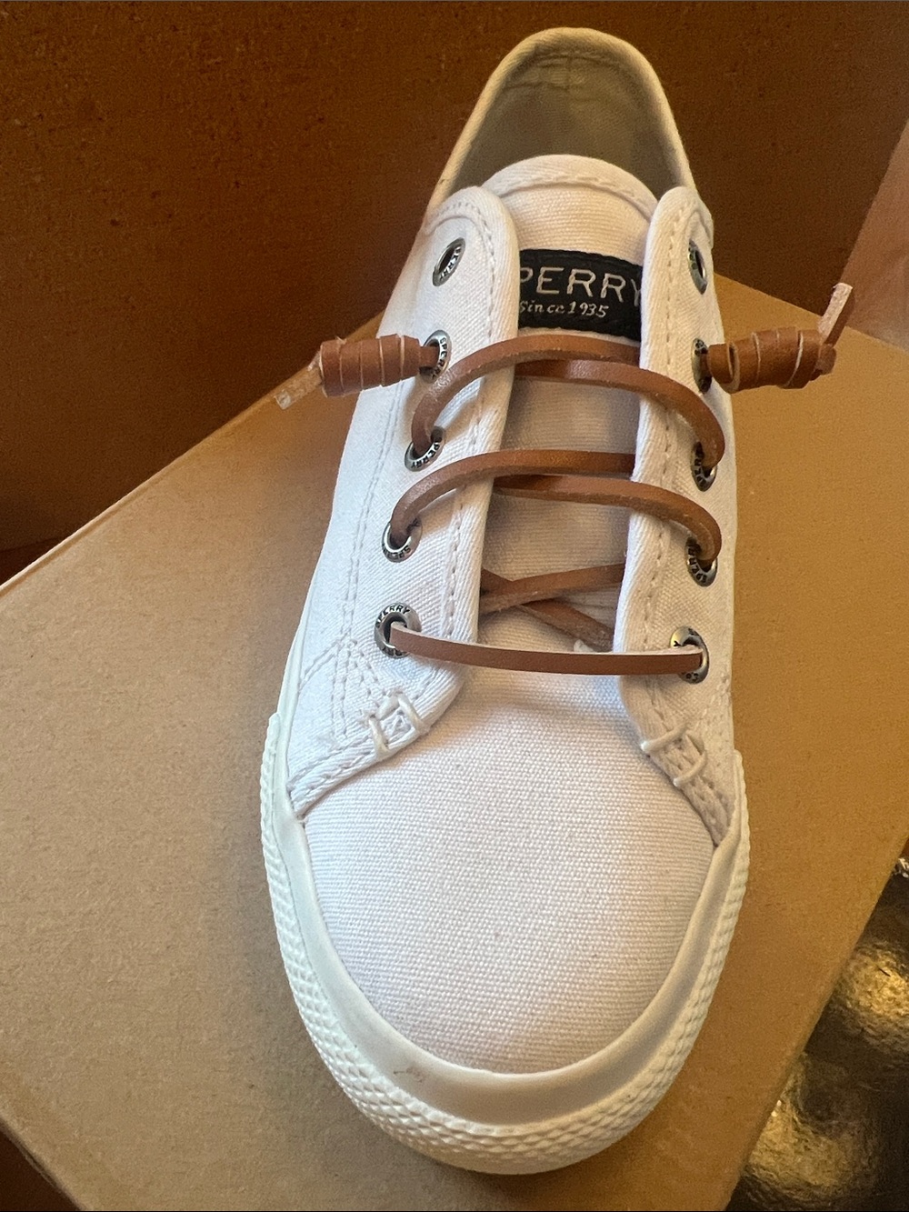 Sperry White Canvas Boat Shoe Sneaker with Brown Laces